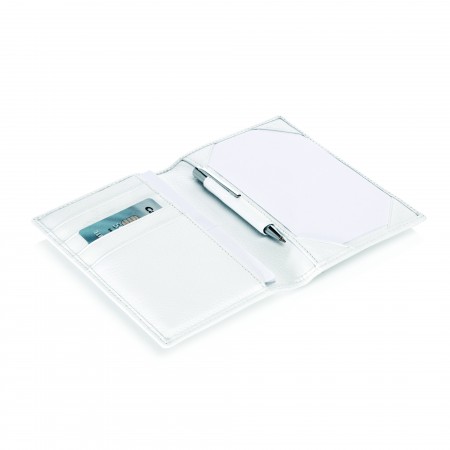 Postcardsized with four credit card slots and a stylish twist action pen 
