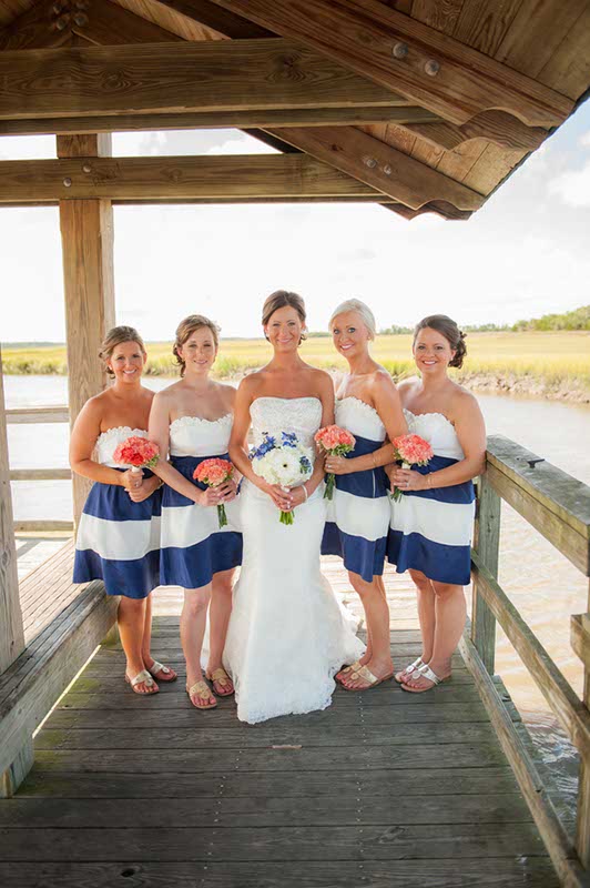 Bridesmaids in blue and white