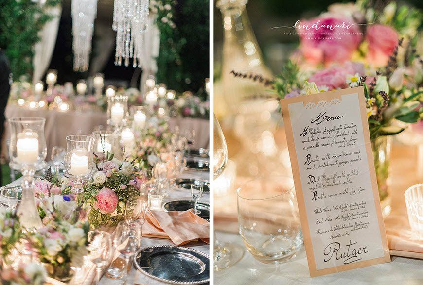 Sparkling chandeliers cascade over the tables for the wedding breakfast, which featured delicious treats such as beef stroganoff and ricotta cream with fig jam. Chef Daniele Fagiolini created the delicious meal. Sparkling chandeliers cascade over the tables for the wedding breakfast, which featured delicious treats such as beef stroganoff and ricotta cream with fig jam. Chef Daniele Fagiolini created the delicious meal.