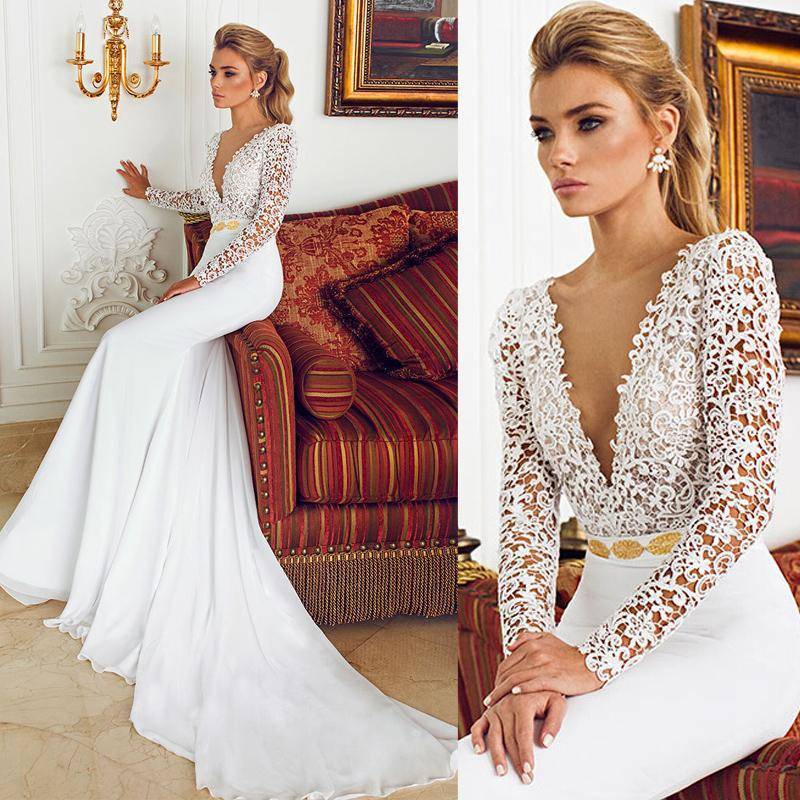 Try a chunkier lace and plain skirt for a deep V gown deep-v