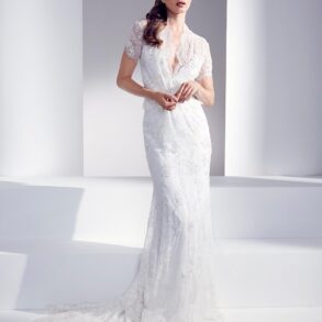 Elegant bridal lace gown with cap sleeves