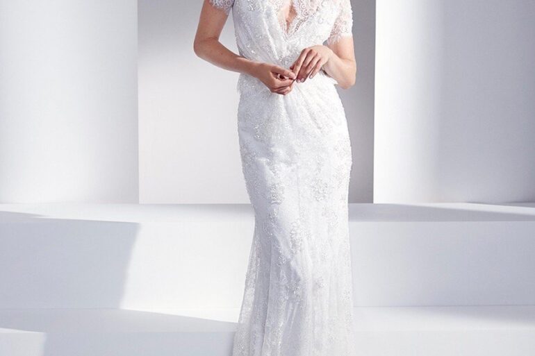 Elegant bridal lace gown with cap sleeves