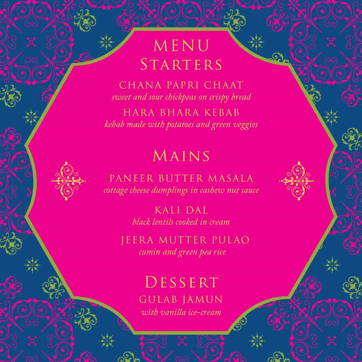 mandala love classic blue wedding menu from £4 ananyacards.com