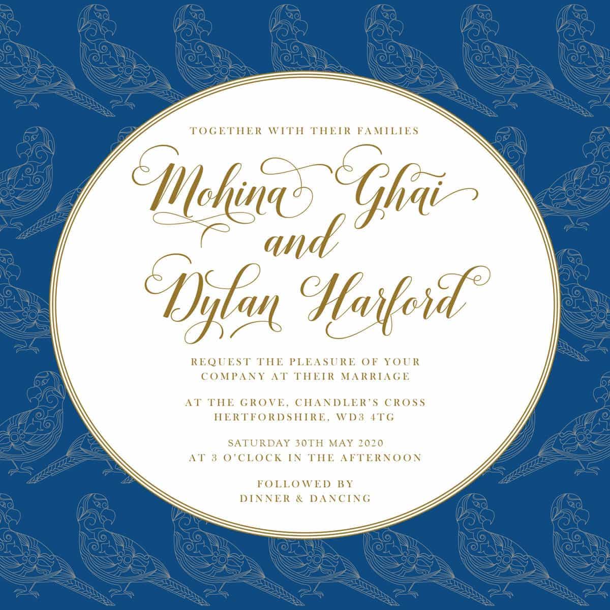 trio of life classic blue wedding invitation2 parrot from £5 ananyacards.com