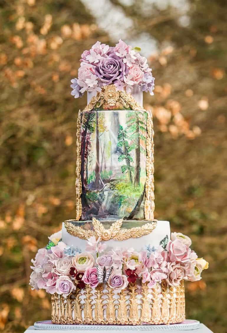 watercolour painted woodland cake