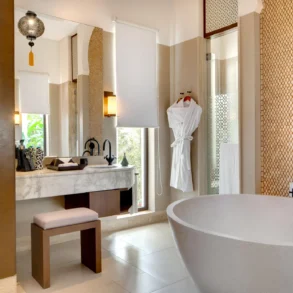 Luxurious modern bathroom with bathtub and robes.