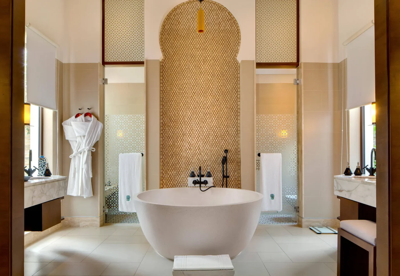Luxurious bathroom with a stylish freestanding bathtub.