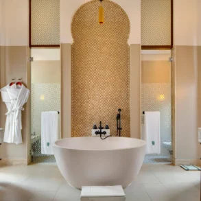 Luxurious bathroom with a stylish freestanding bathtub.