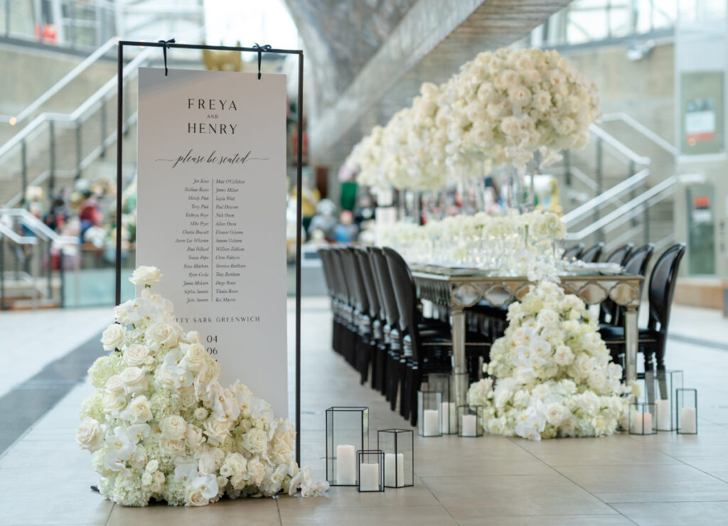 A Nautical Dream: A Timeless Wedding Shoot at Cutty Sark, Greenwich Elegant wedding seating chart and decorated dining table.