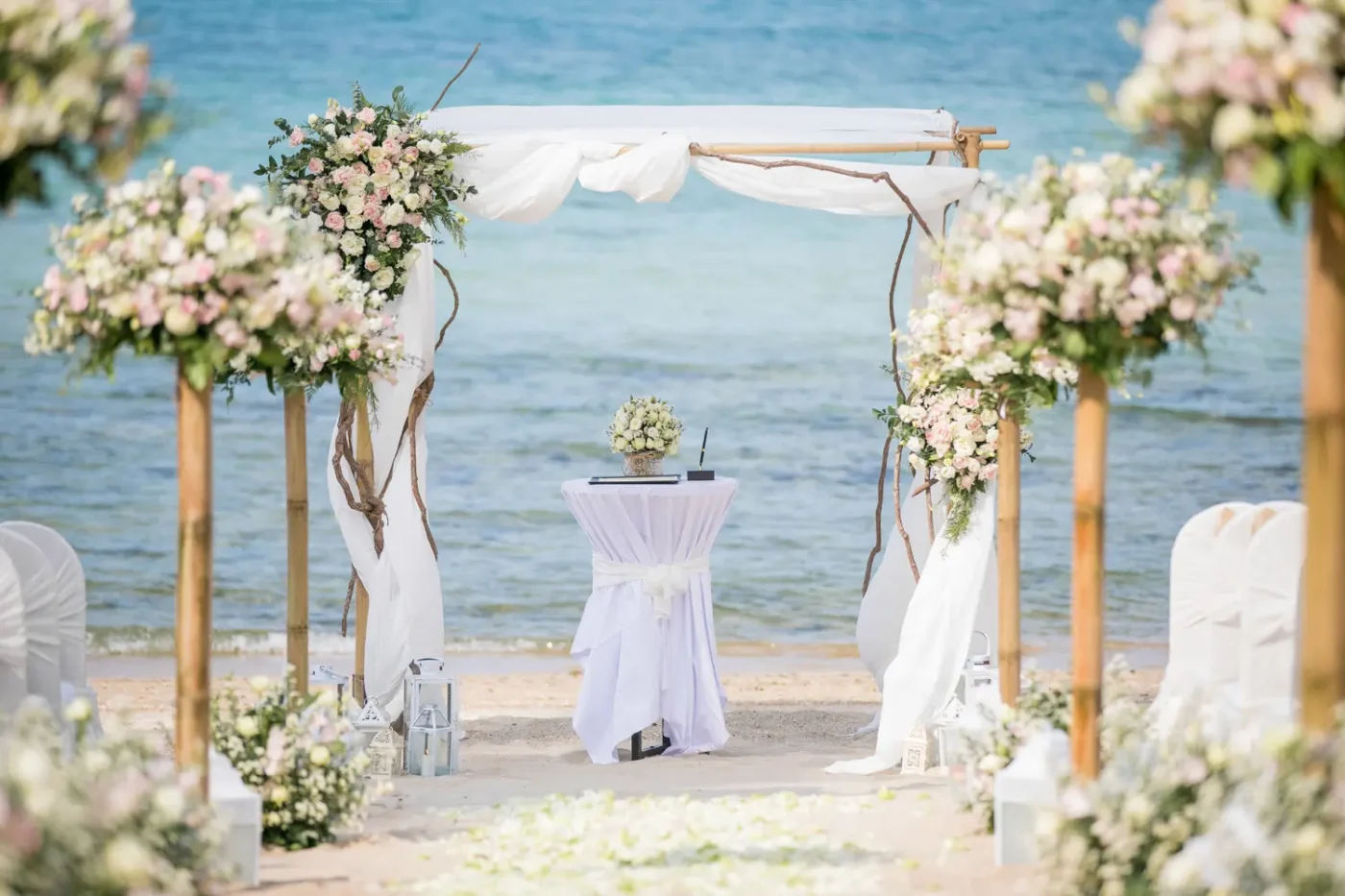 Beach wedding ceremony setup.