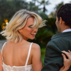 Smiling couple walking outdoors together