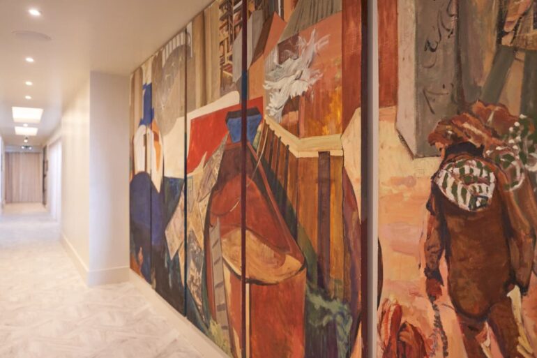 Abstract hallway mural in modern building