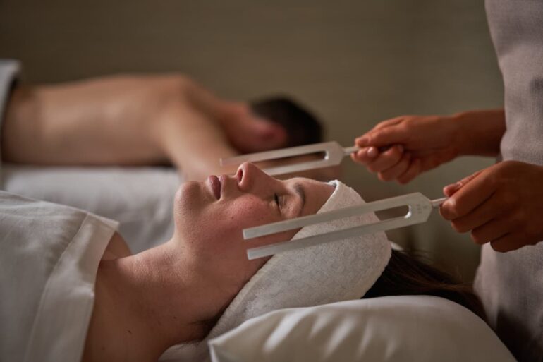 Relaxing sound therapy session in spa setting