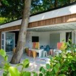 Garden play area with colourful furniture.
