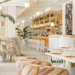 Modern cafe interior with plants and stylish decor.
