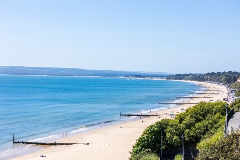 Sunny coastal landscape with sandy beach, blue sea.