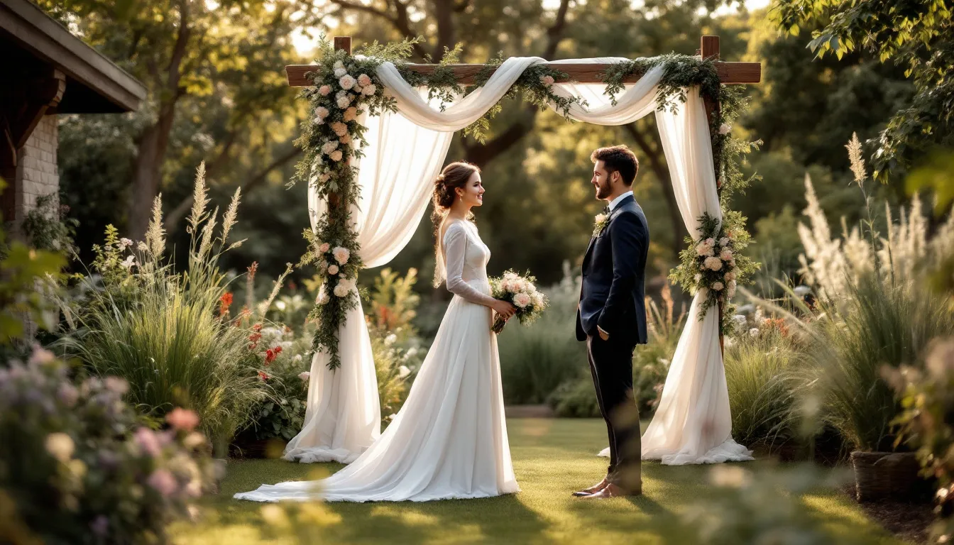 An outdoor wedding ceremony takes place in a beautifully lit garden setting, surrounded by lush greenery and flowers, creating a romantic atmosphere for the couple and their guests. This ideal wedding venue offers a picturesque backdrop for an intimate ceremony, making it a perfect choice for those planning their dream wedding.