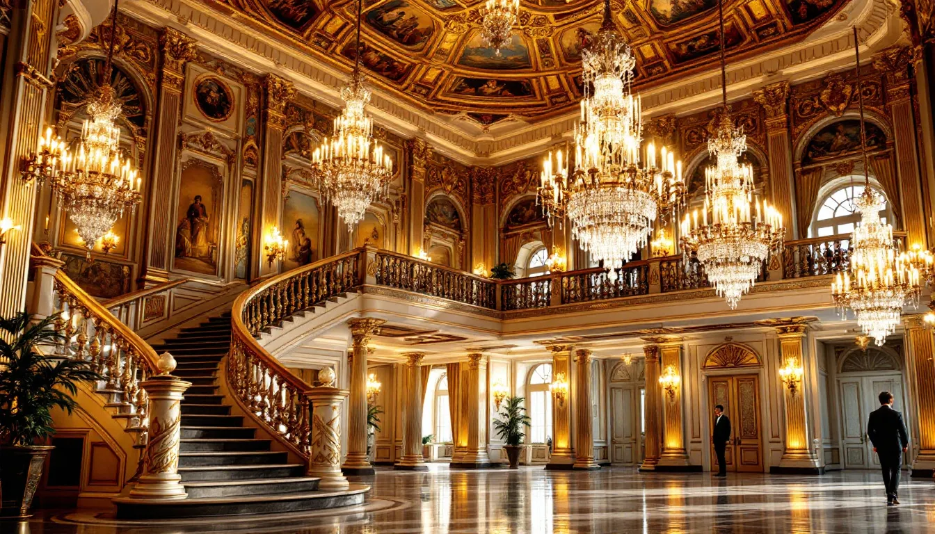The image depicts an ornate palace ballroom adorned with sparkling crystal chandeliers and intricate gold leaf decorations, creating a magical setting ideal for luxury weddings and special occasions. This lavish space, with its elegant decor, serves as a breathtaking backdrop for memorable celebrations.