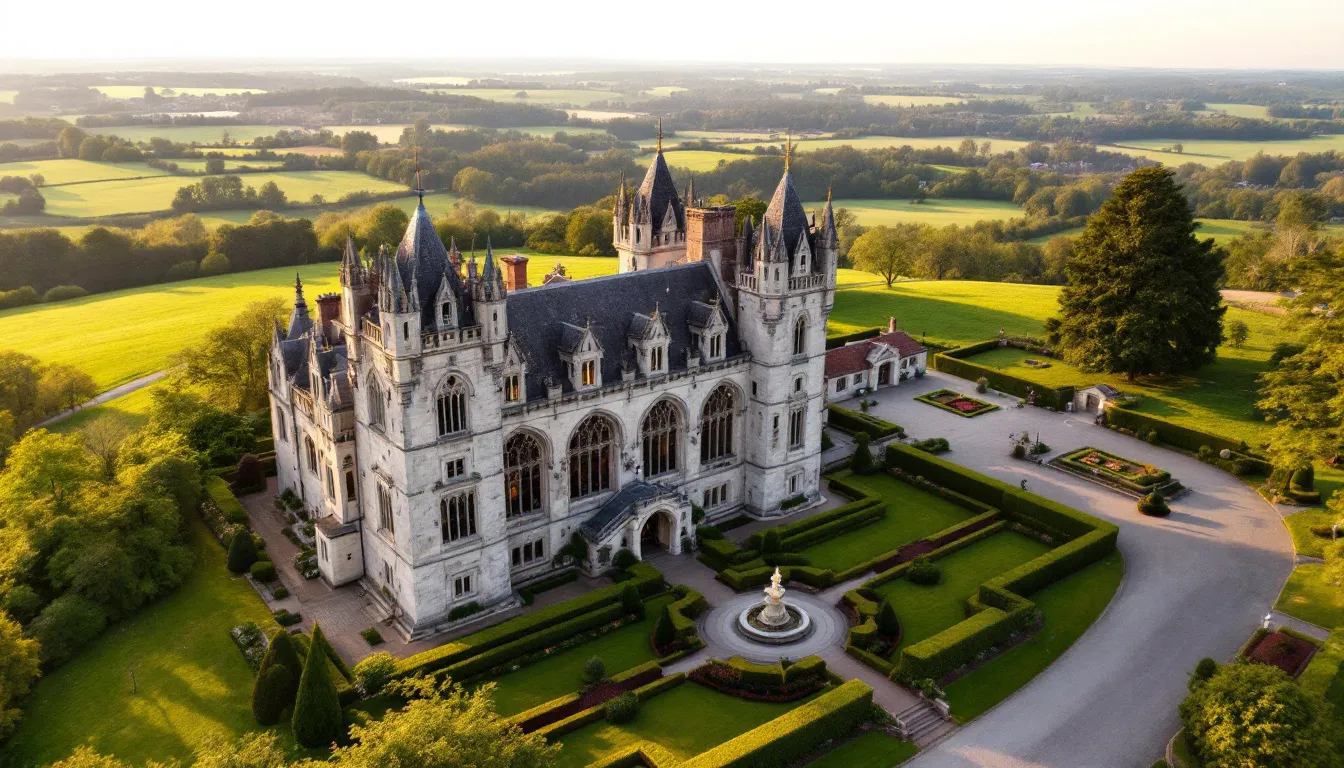 An elegant historic castle stands majestically overlooking the picturesque countryside, surrounded by manicured gardens that create a magical setting for luxury weddings. This breathtaking venue offers both indoor and outdoor spaces, making it an ideal choice for a dream wedding day filled with romance and celebration.