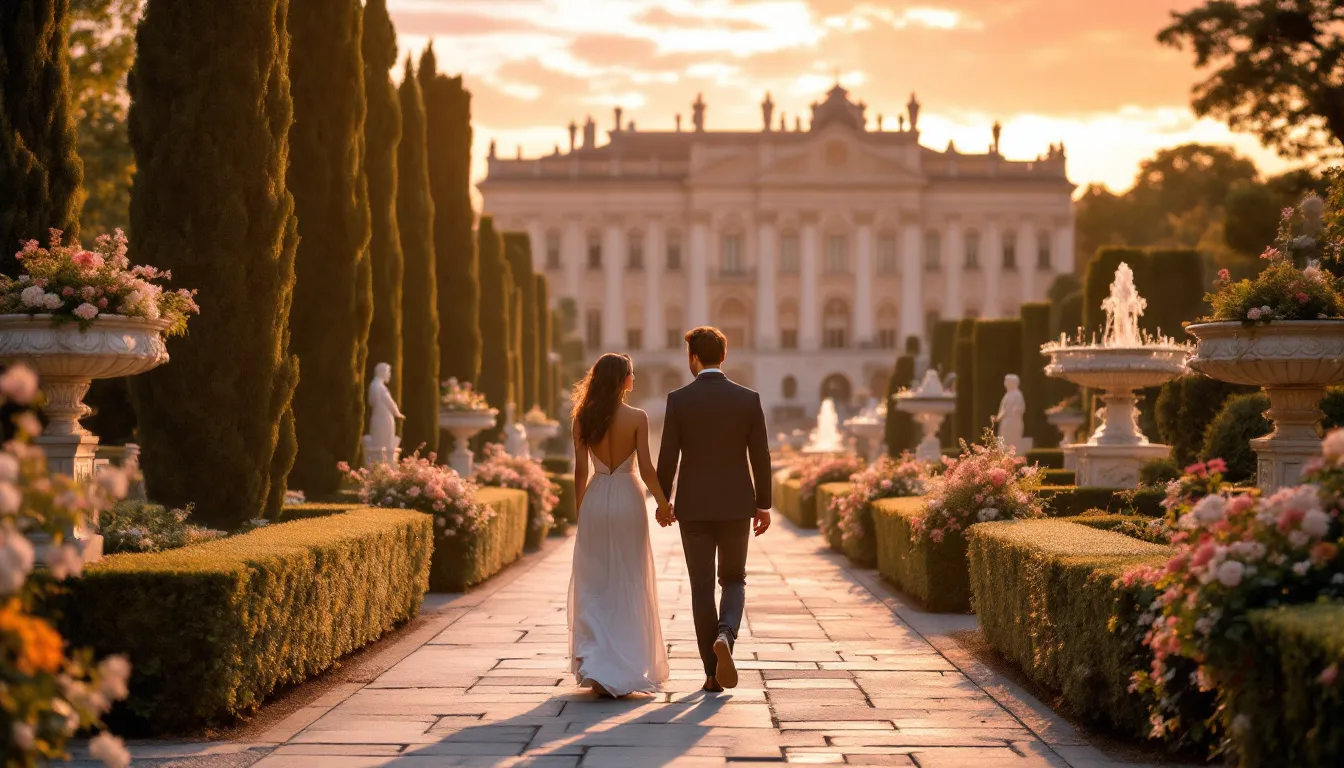 A romantic couple strolls hand in hand through the manicured gardens of an ornate palace at sunset, surrounded by the natural beauty of the landscape, creating an ideal setting for a luxury wedding. The picturesque scene captures the magic of love and celebration in a breathtaking location.