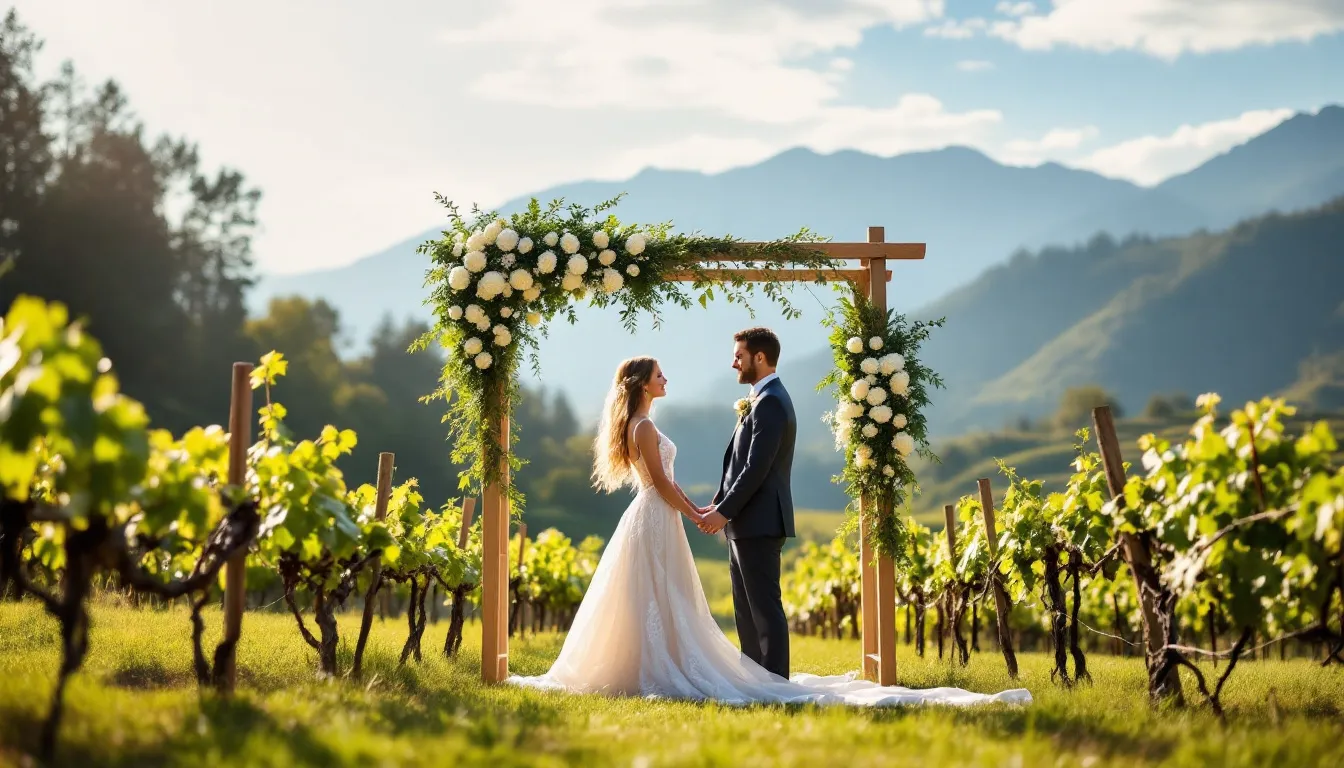 A romantic outdoor wedding ceremony takes place in a terraced vineyard, surrounded by lush manicured gardens and breathtaking mountain views. This picturesque setting offers an ideal backdrop for a memorable day, celebrating love among guests in a magical atmosphere.