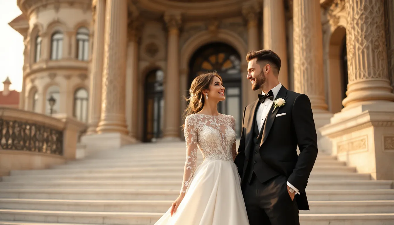 An elegant couple stands on the grand steps of a palace, dressed in formal wedding attire, embodying romance and sophistication. This picturesque setting, ideal for luxury weddings, features manicured gardens and serves as a breathtaking backdrop for their special day.