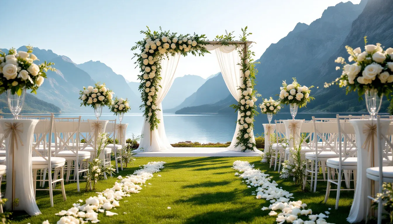 The image depicts a luxurious wedding ceremony setup overlooking a stunning mountain lake, framed by majestic alpine peaks. This dream wedding venue features elegant decor amidst manicured gardens, creating a magical setting for a memorable day surrounded by natural beauty.