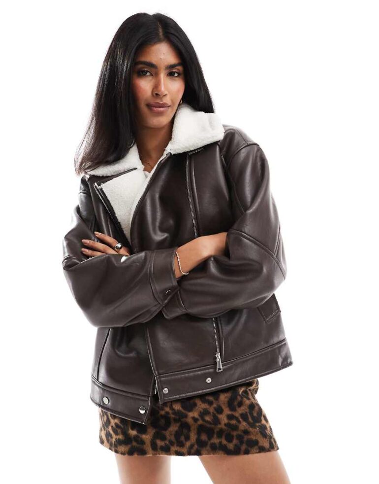 4th & Reckless faux leather and shearling aviator jacket in chocolate-Brown
