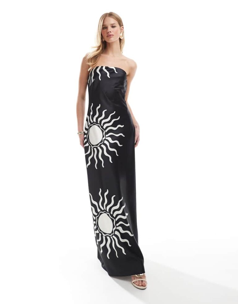 4th & Reckless satin bandeau maxi dress in mono contrast sun print-Multi