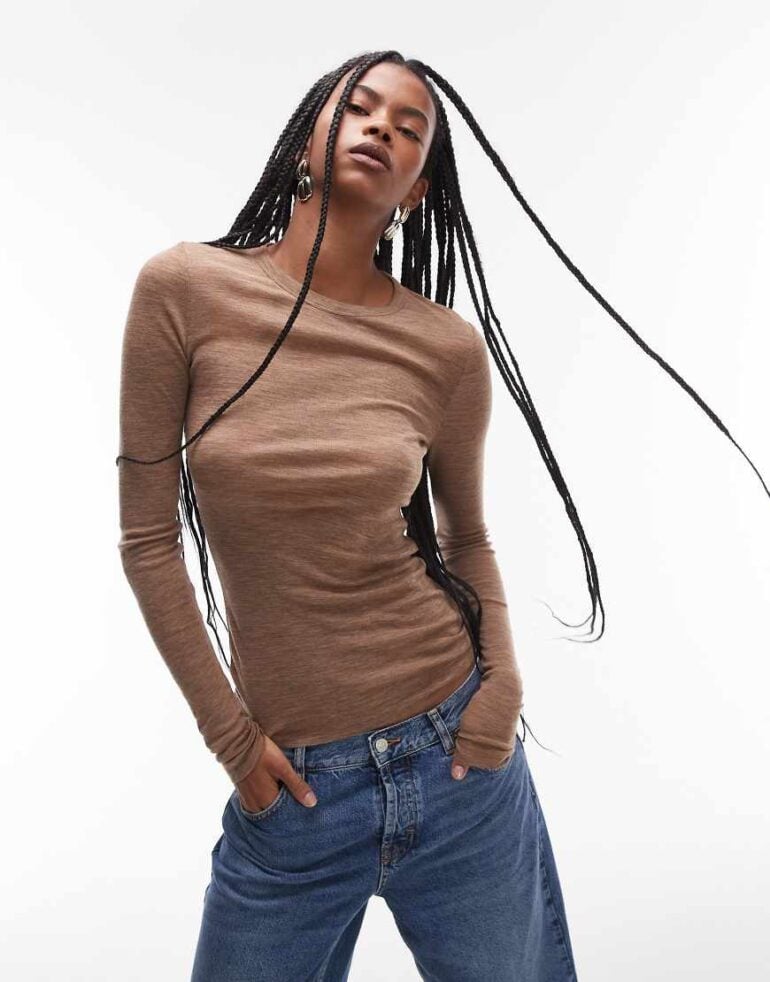 ARKET merino wool knitted semi sheer long sleeve top in camel beige-Neutral