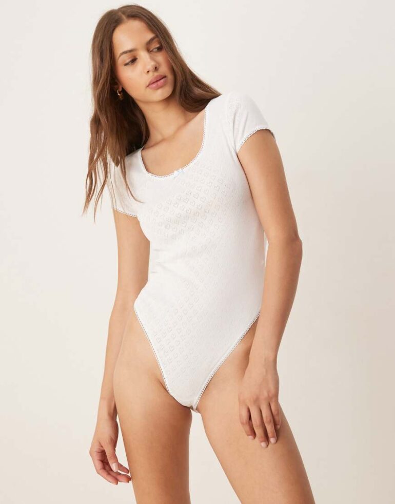 ASOS DESIGN Brooke heart pointelle cap sleeve body with blue trims-White