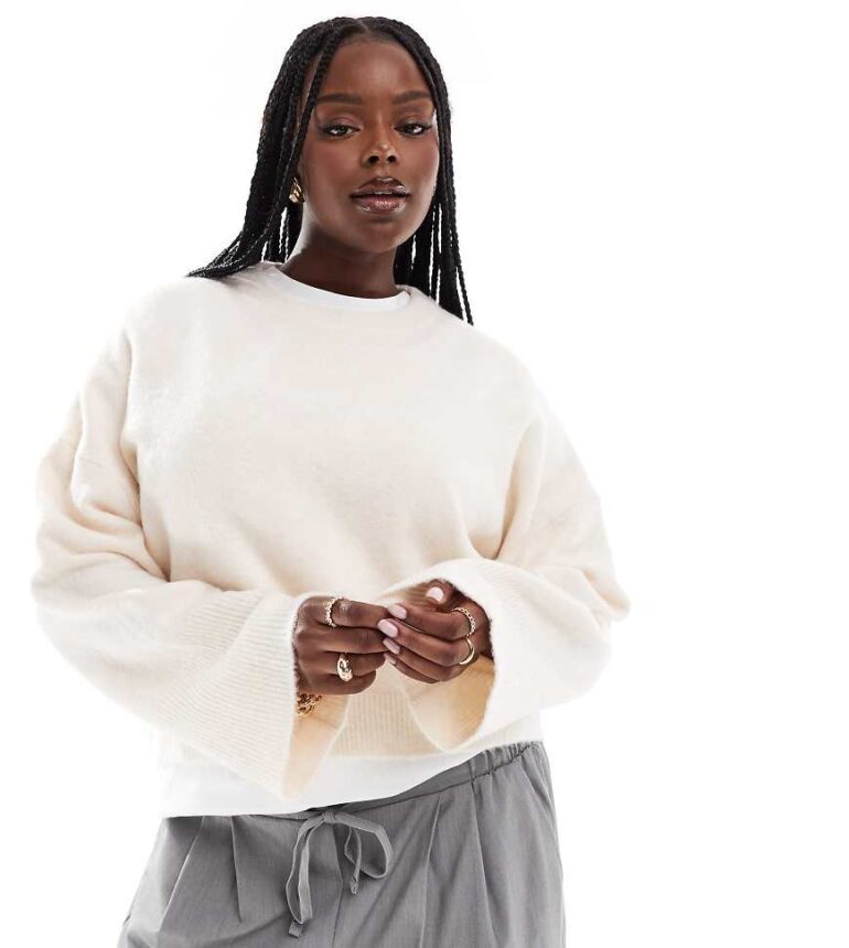 ASOS DESIGN Curve crew neck boxy jumper with wide cuff in cream-White