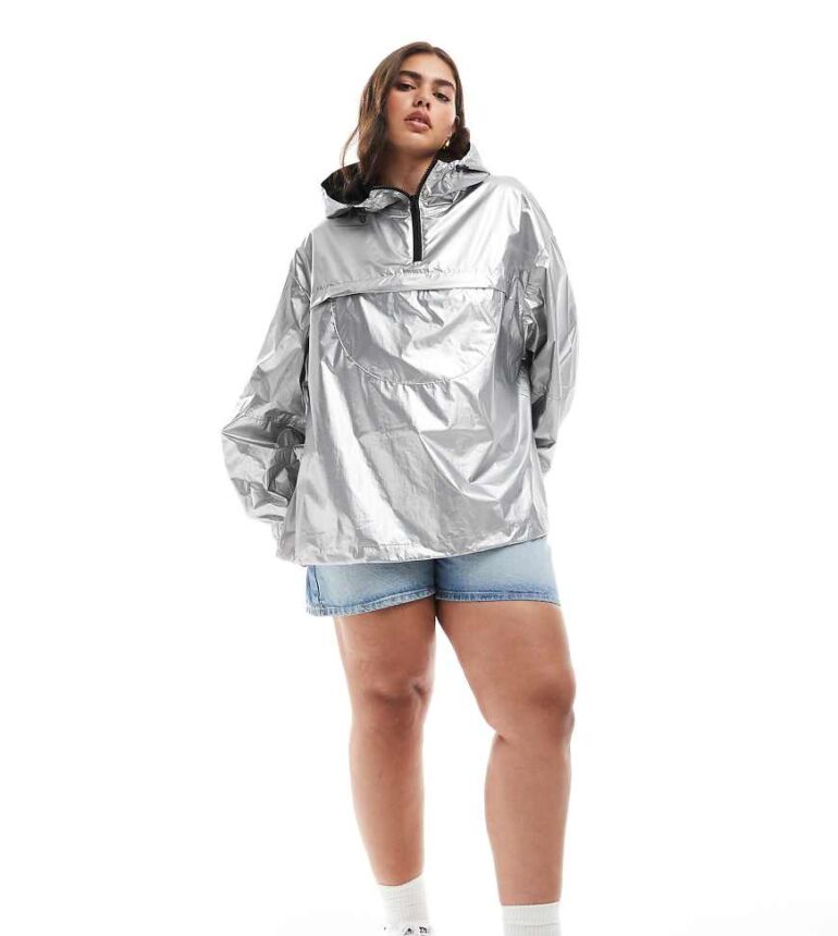 ASOS DESIGN Curve metallic pac-a-mac rainwear jacket in metallic silver
