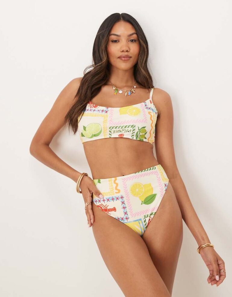 ASOS DESIGN Fuller Bust Olive underwired bikini top in tile print-Multi