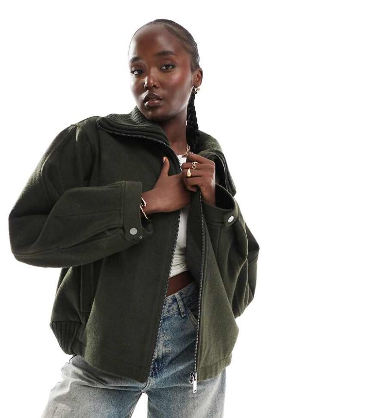 ASOS DESIGN Tall knit collar short coat in khaki-Green