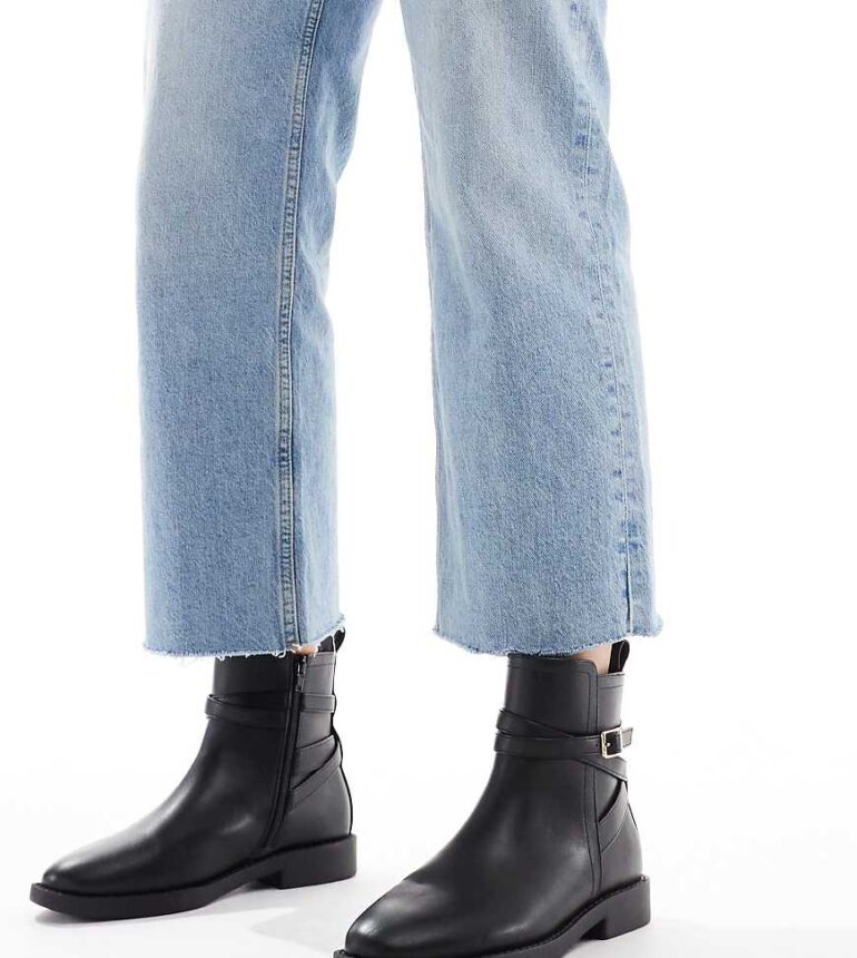 ASOS DESIGN Wide Fit Aria flat chelsea boots with buckle detail in black