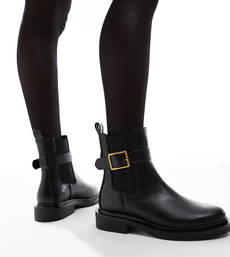 ASOS DESIGN Wide Fit Aurora flat boots with buckle strap in black