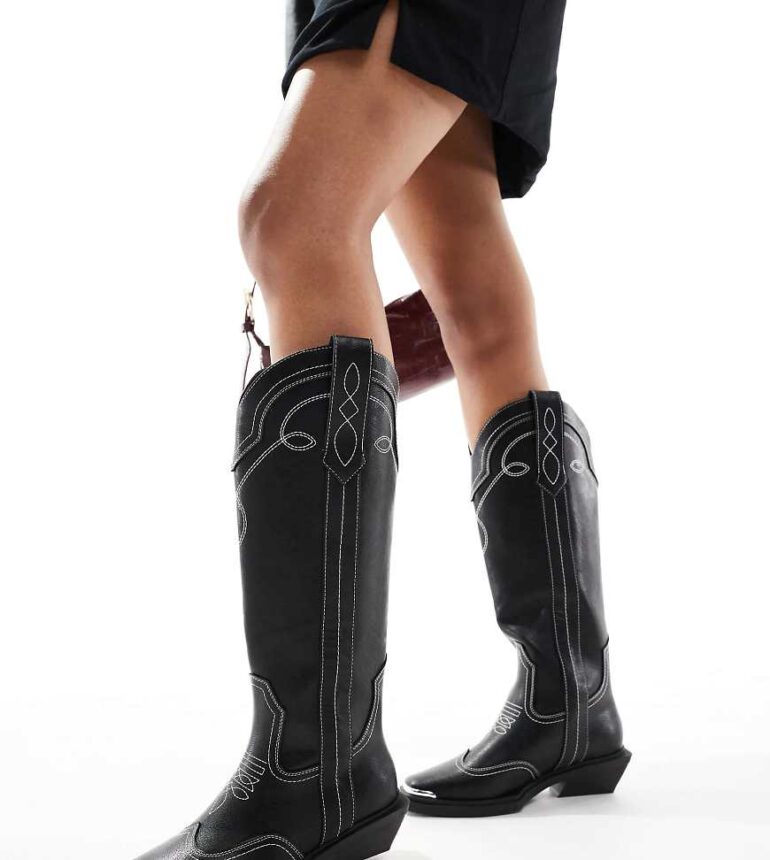ASOS DESIGN Wide Fit Celeste flat western knee boots in black with stitching