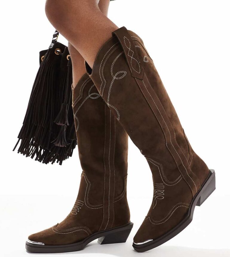 ASOS DESIGN Wide Fit Celeste flat western knee boots in choc faux suede-Brown