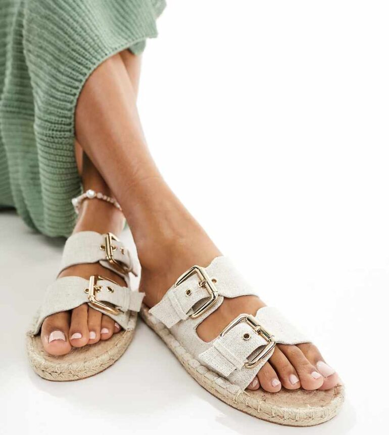 ASOS DESIGN Wide Fit Jada double buckle espadrille sandals in natural linen-Neutral