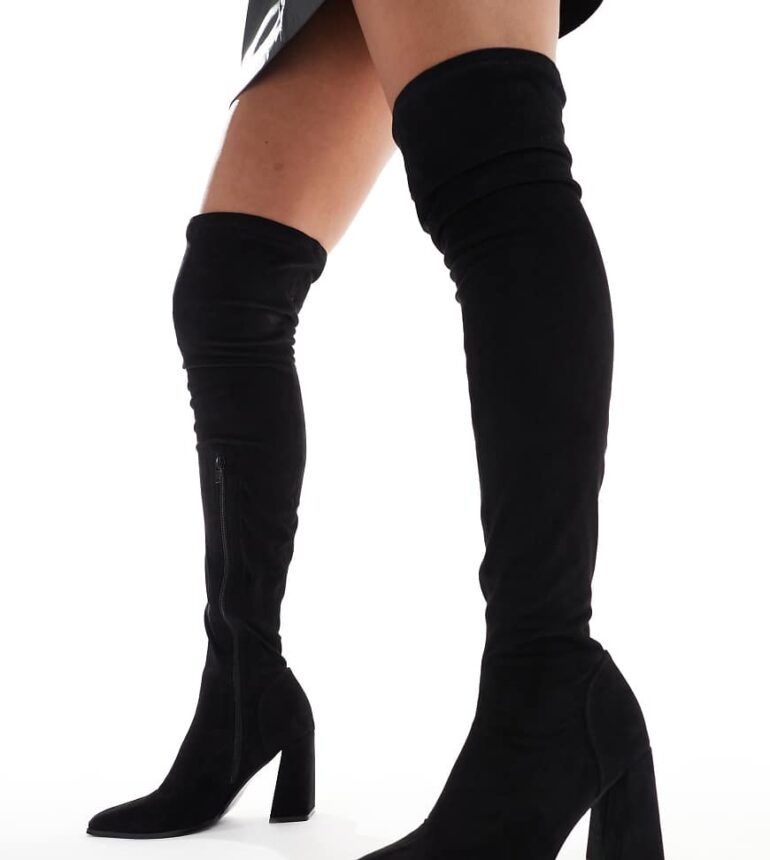 ASOS DESIGN Wide Fit Keely block-heeled over the knee boots in black micro