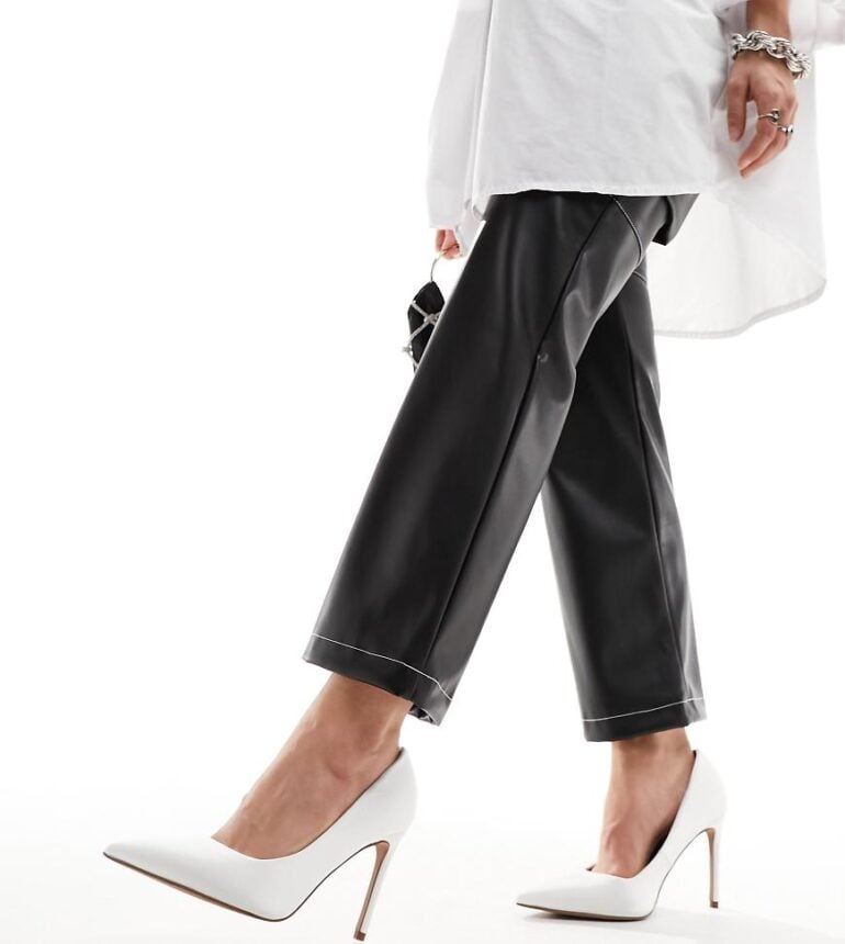 ASOS DESIGN Wide Fit Paphos pointed high heeled court shoes in ivory satin-White