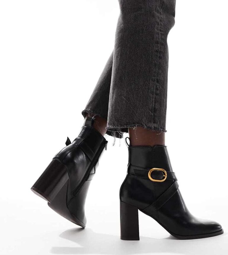 ASOS DESIGN Wide Fit Regan mid-heel buckle boots in black