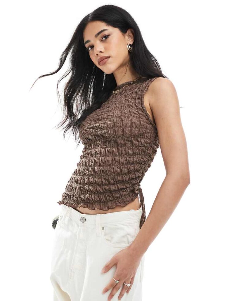 ASOS DESIGN acid wash texture drawstring side slash neck top in brown