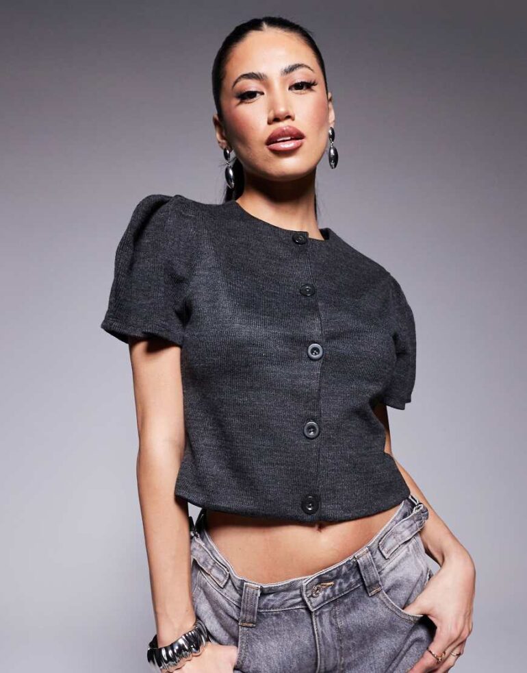 ASOS DESIGN button through structured short sleeve top in charcoal-Grey