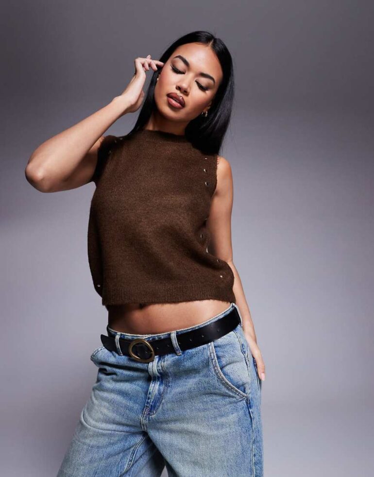 ASOS DESIGN crew neck knitted jumper with metal studs in grey
