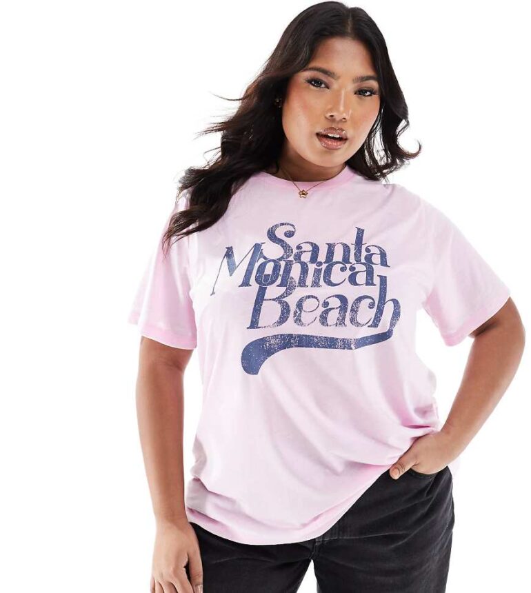 ASOS DESIGN curve regular fit t-shirt in burn out with Santa Monica beach graphic in pink