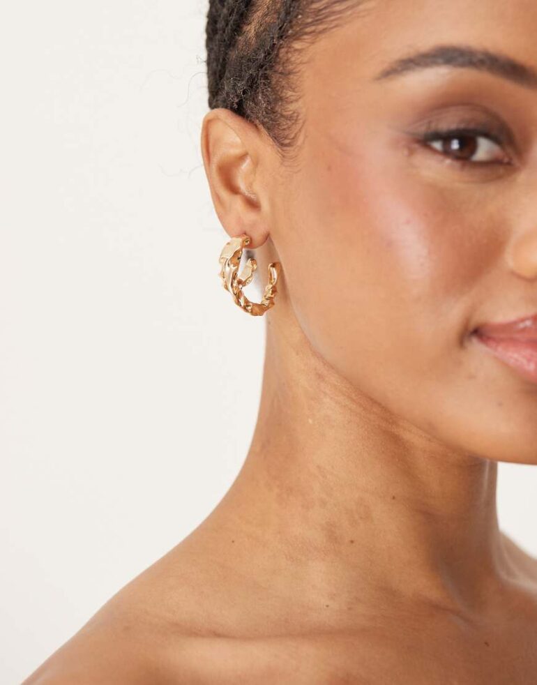 ASOS DESIGN double hoop earrings with molten design in gold tone