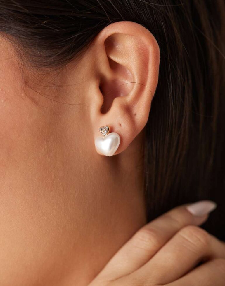 ASOS DESIGN drop earrings with faux pearl and puff heart detail in gold tone-Silver