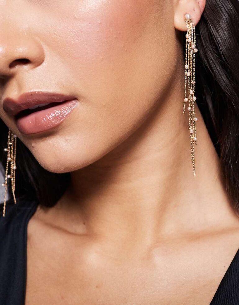 ASOS DESIGN drop earrings with tassels and faux micro pearl detail in gold tone